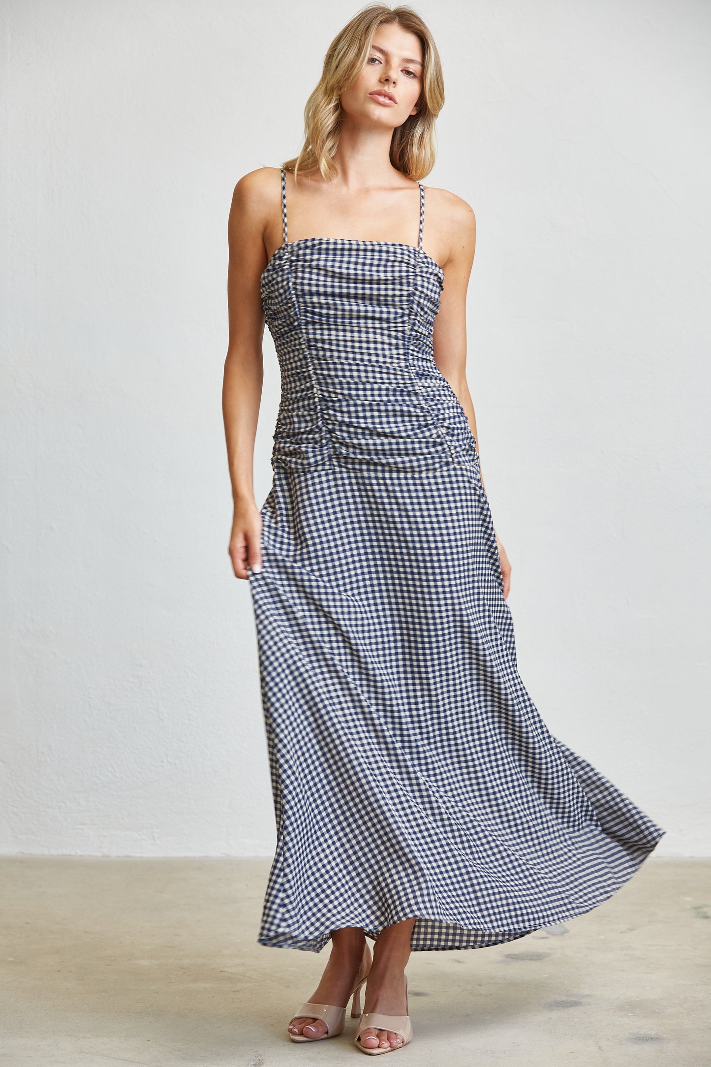 CHECK RUCHED MIDI DRESS