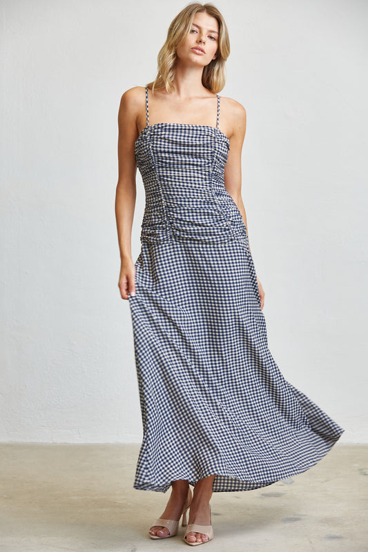 CHECK RUCHED MIDI DRESS
