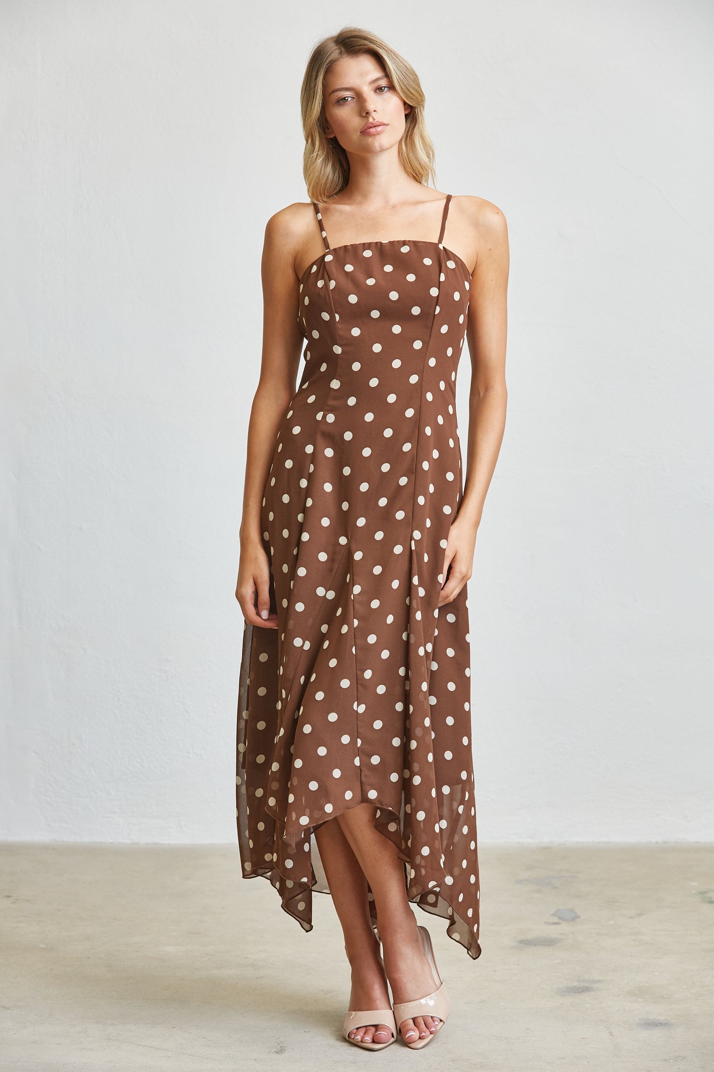 MOCHA POLKA DOT FLOWY MIDI DRESS