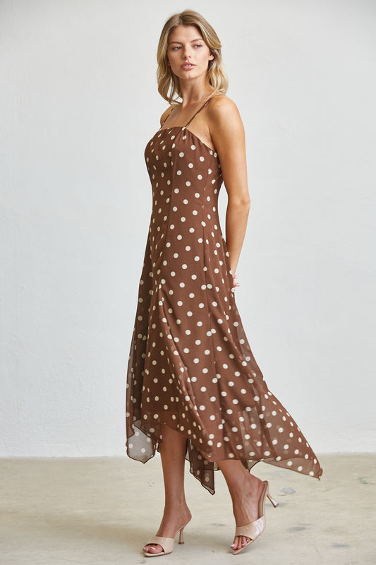 MOCHA POLKA DOT FLOWY MIDI DRESS