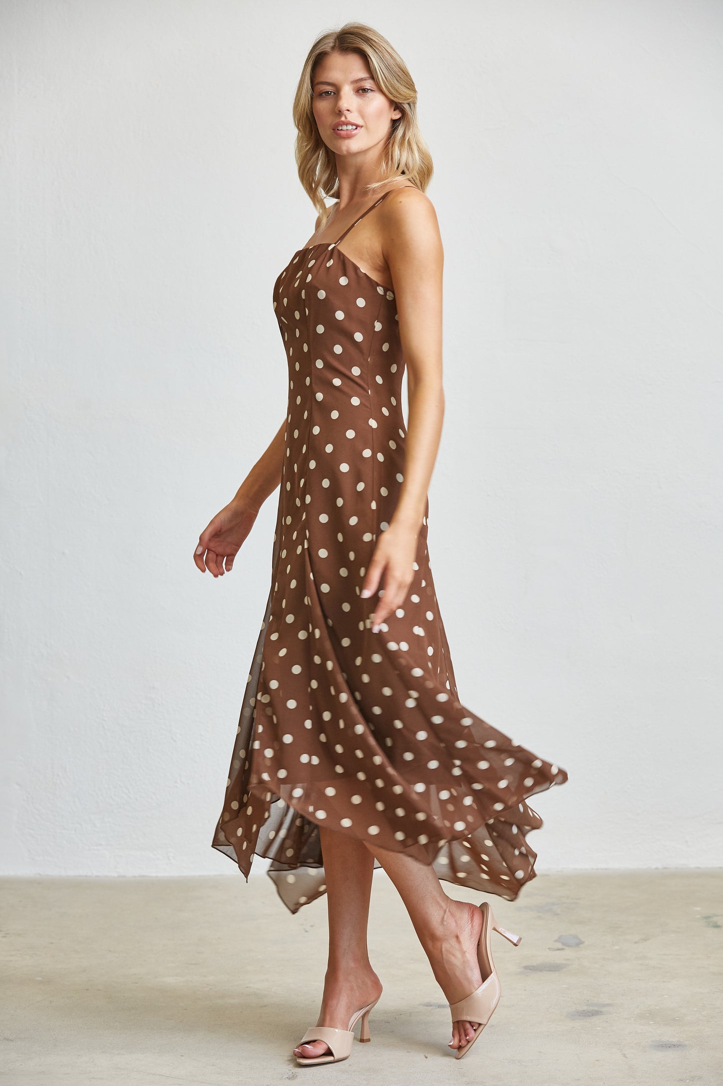 MOCHA POLKA DOT FLOWY MIDI DRESS