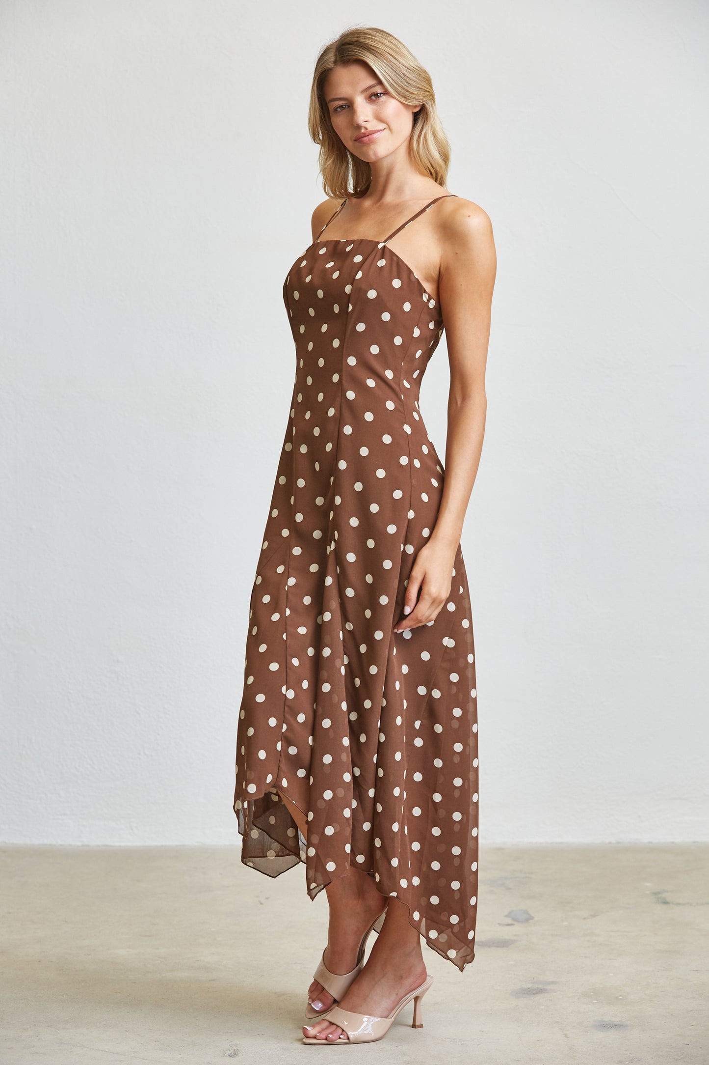 MOCHA POLKA DOT FLOWY MIDI DRESS