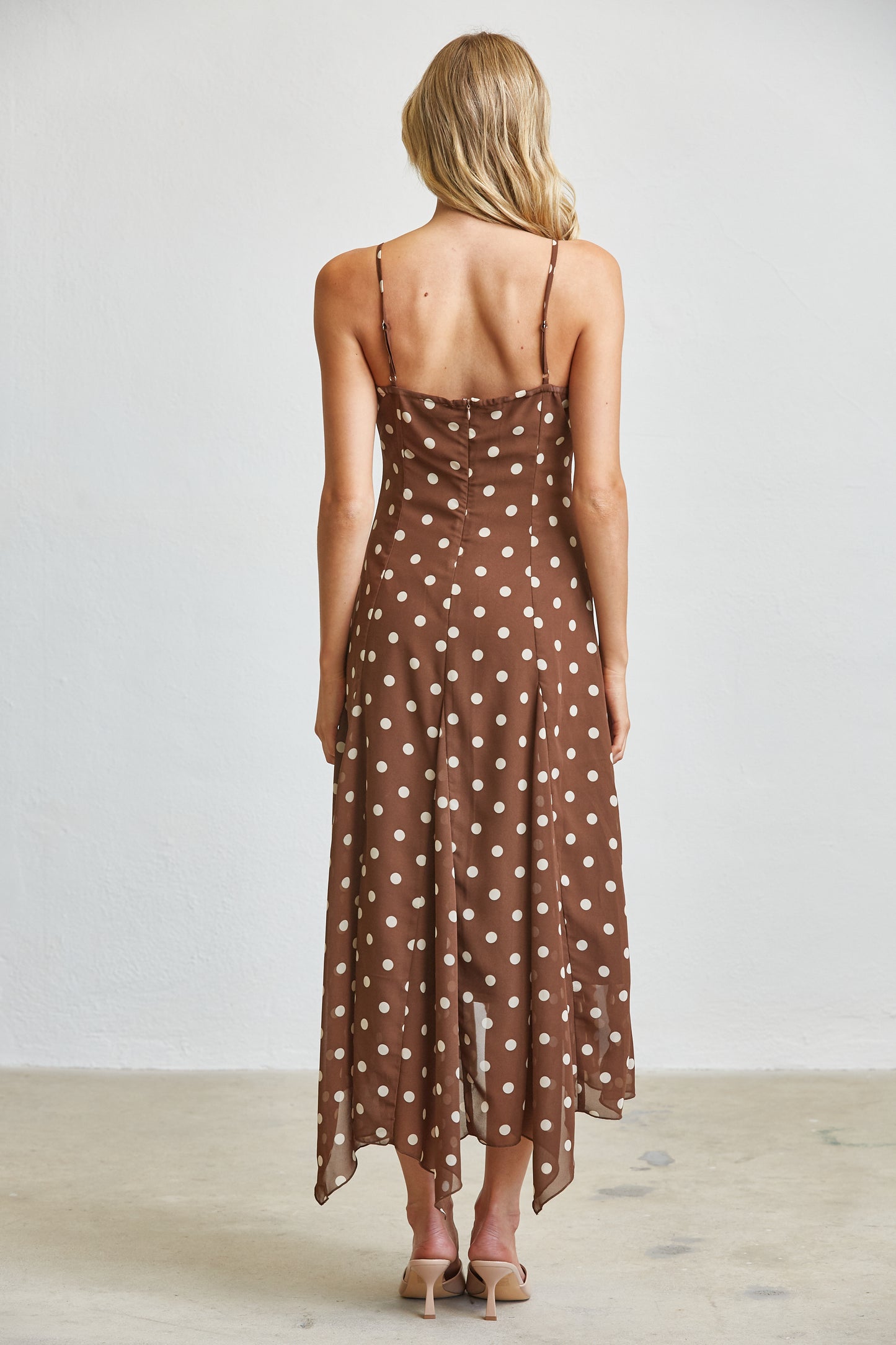 MOCHA POLKA DOT FLOWY MIDI DRESS