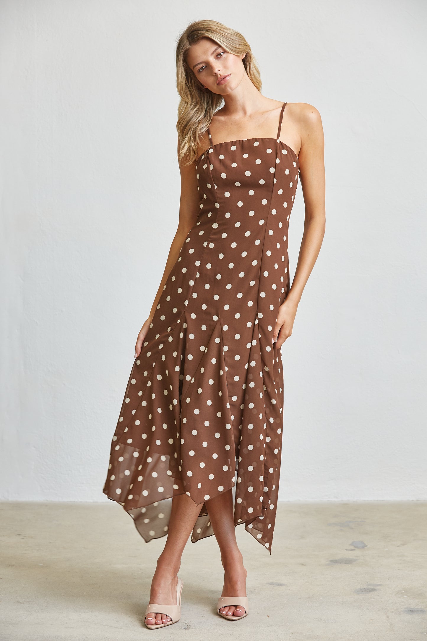 MOCHA POLKA DOT FLOWY MIDI DRESS