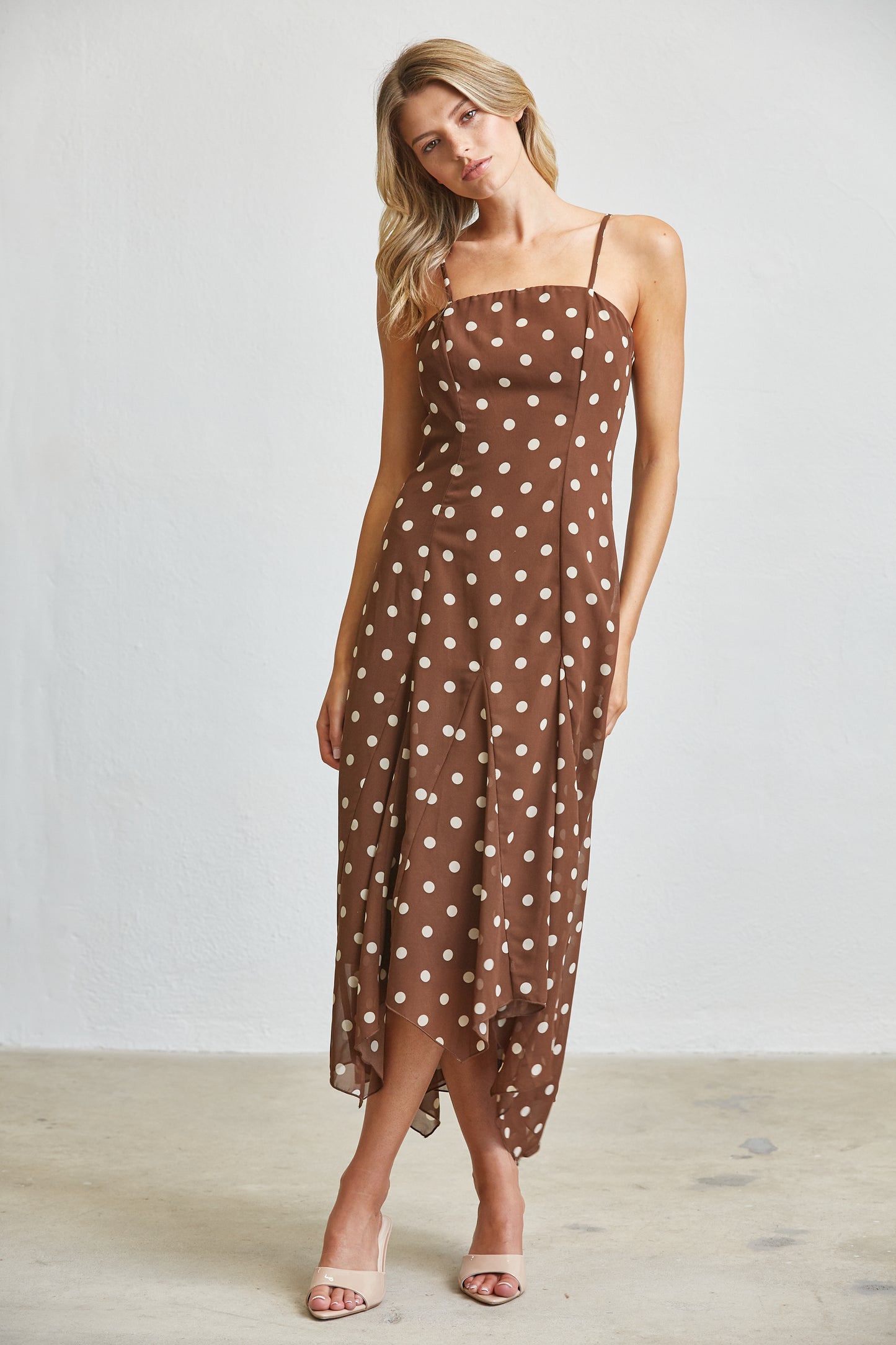 MOCHA POLKA DOT FLOWY MIDI DRESS