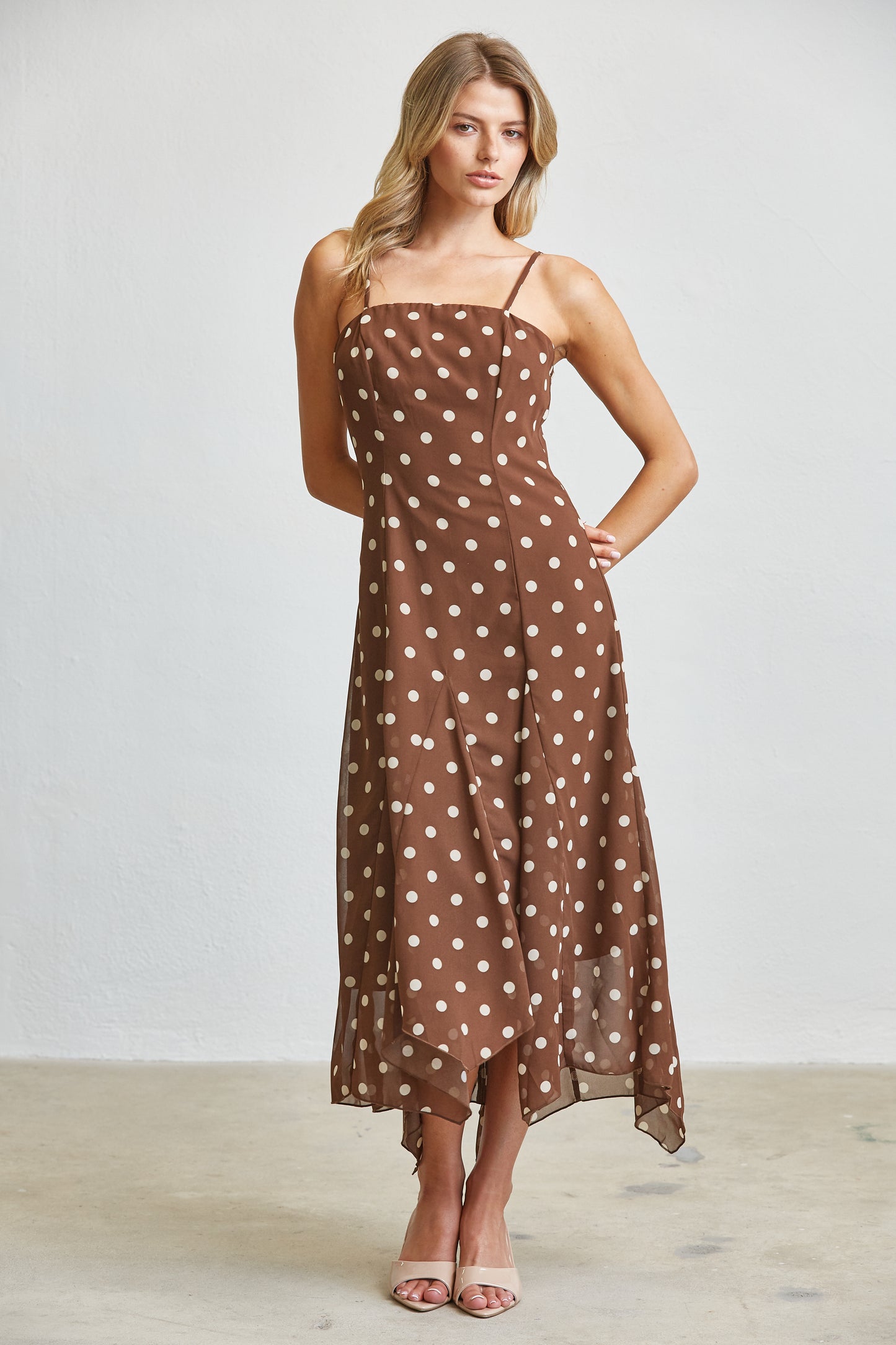 MOCHA POLKA DOT FLOWY MIDI DRESS