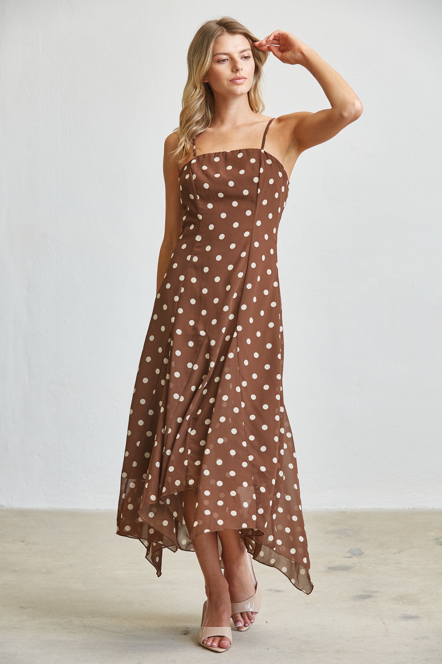 MOCHA POLKA DOT FLOWY MIDI DRESS