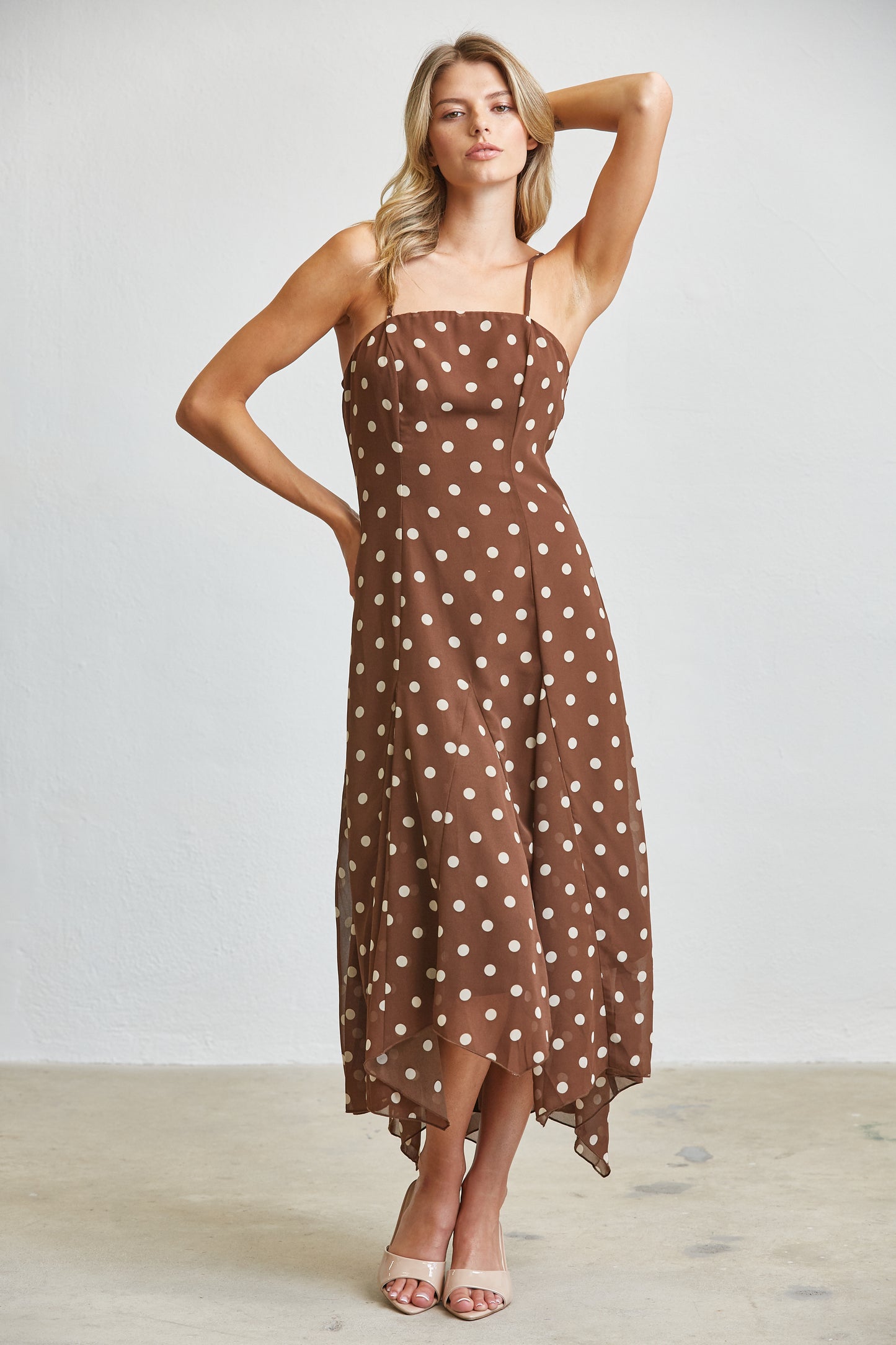 MOCHA POLKA DOT FLOWY MIDI DRESS