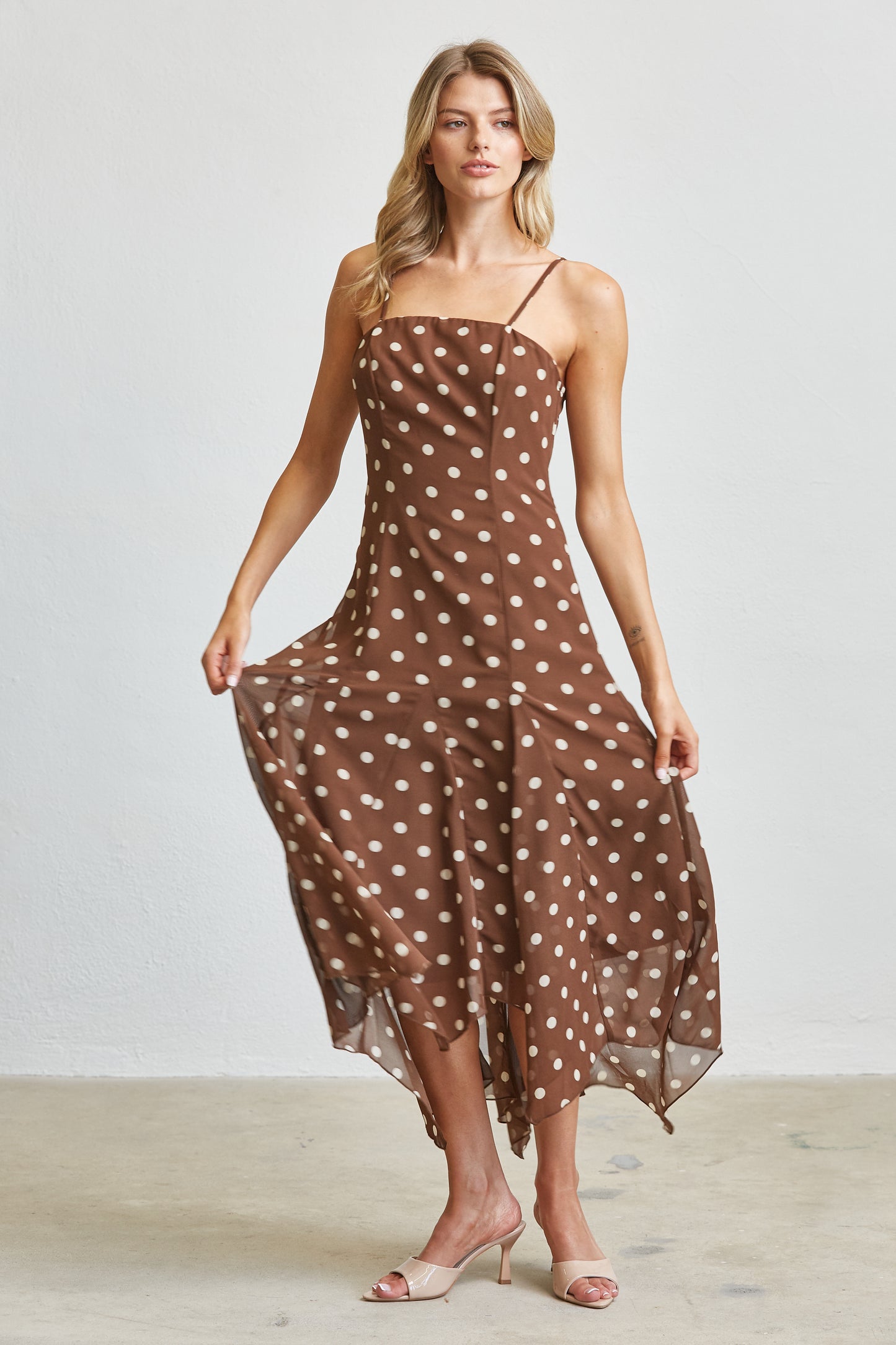 MOCHA POLKA DOT FLOWY MIDI DRESS