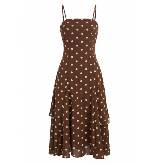MOCHA POLKA DOT FLOWY MIDI DRESS