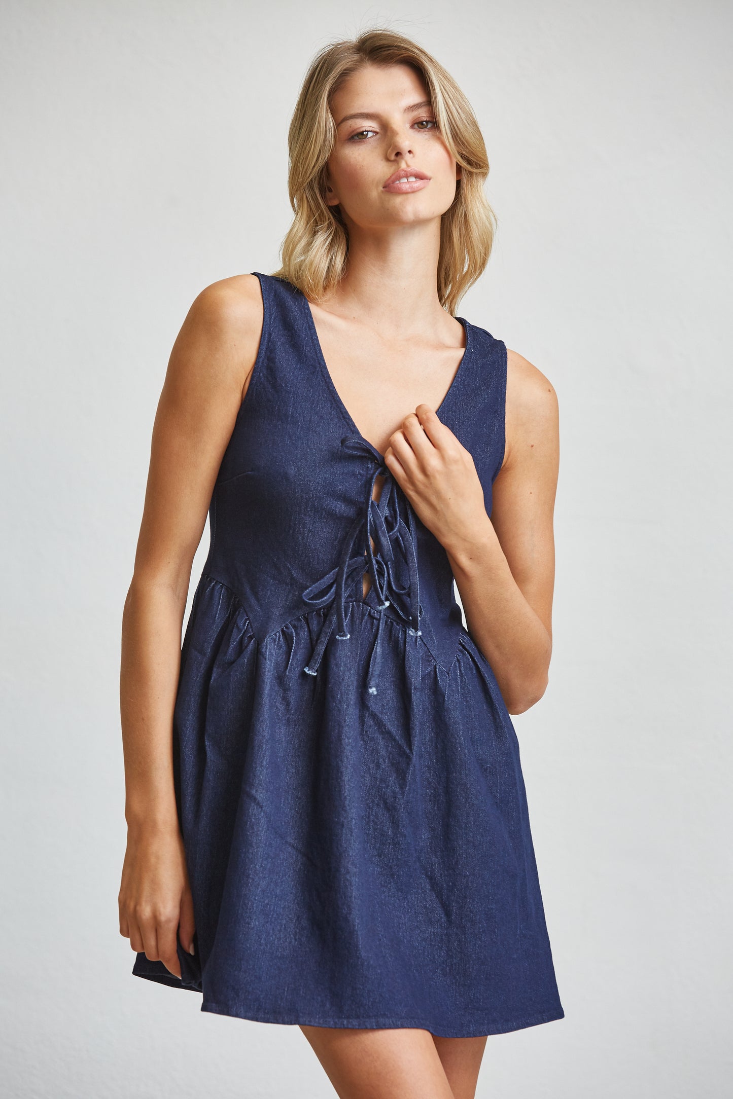 DENIM CHARM LACE-UP MINI DRESS