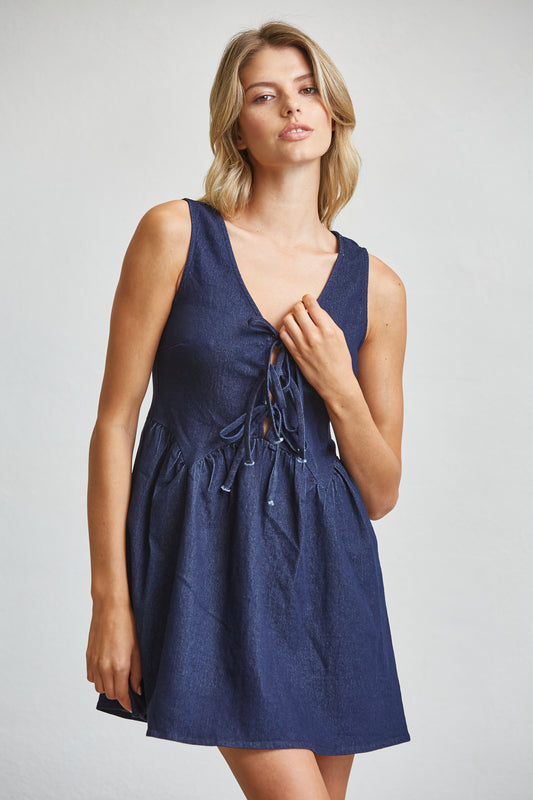 DENIM CHARM LACE-UP MINI DRESS