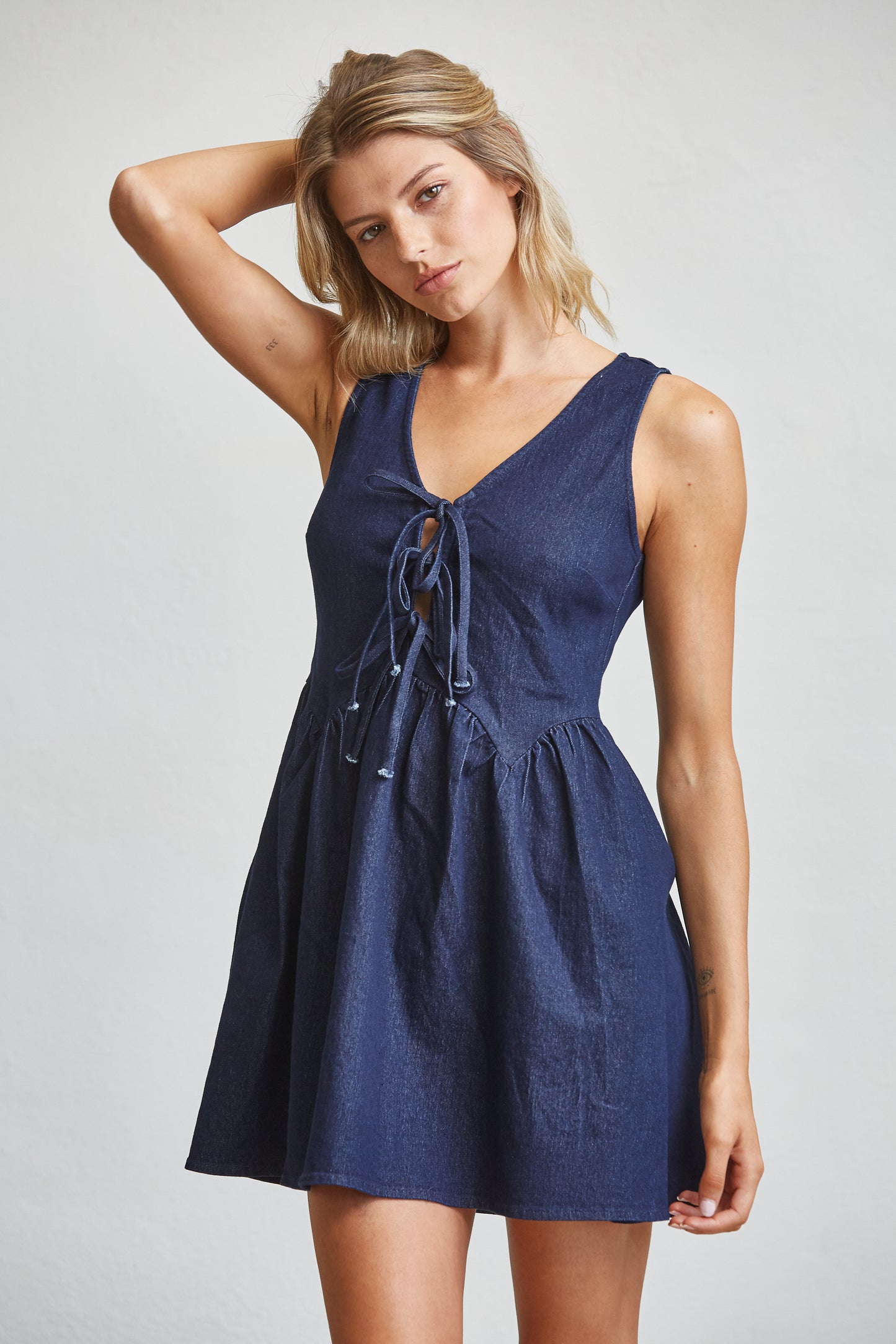 DENIM CHARM LACE-UP MINI DRESS