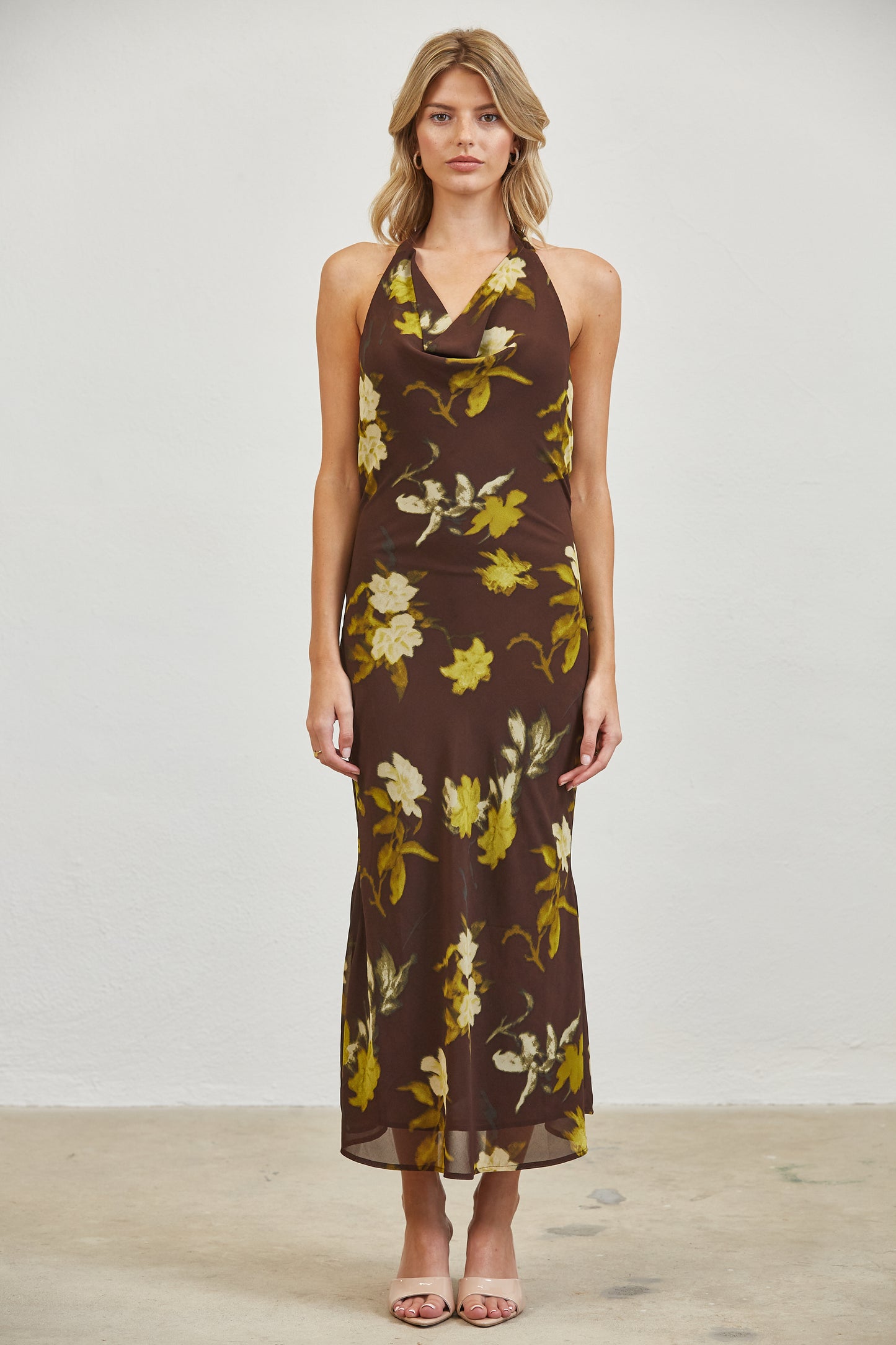 FLORAL COWL NECK HALTER MIDI DRESS