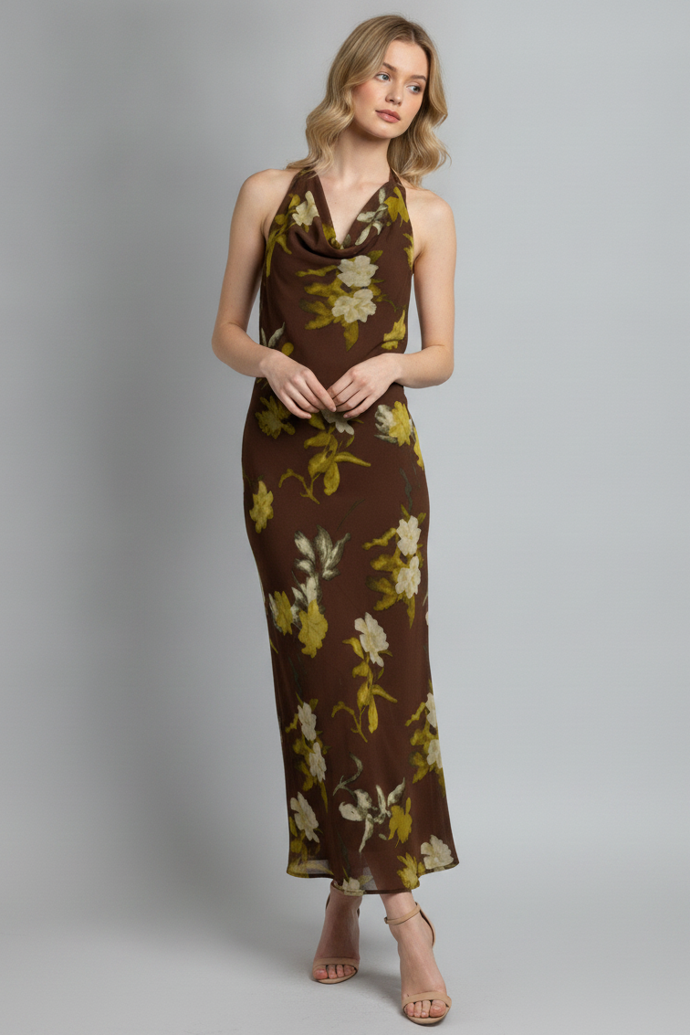 FLORAL COWL NECK HALTER MIDI DRESS