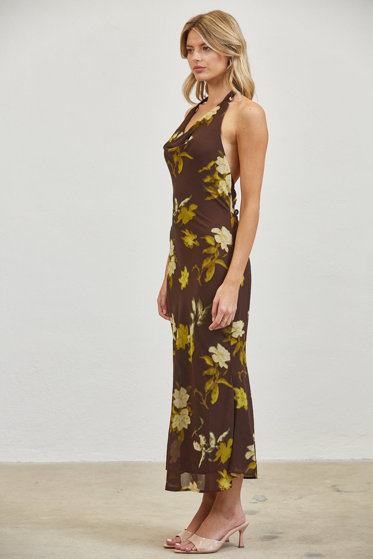 FLORAL COWL NECK HALTER MIDI DRESS