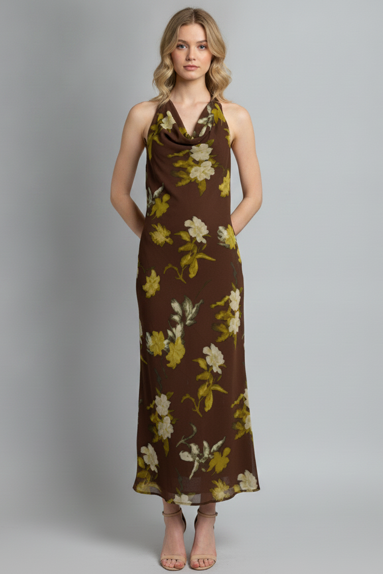 FLORAL COWL NECK HALTER MIDI DRESS