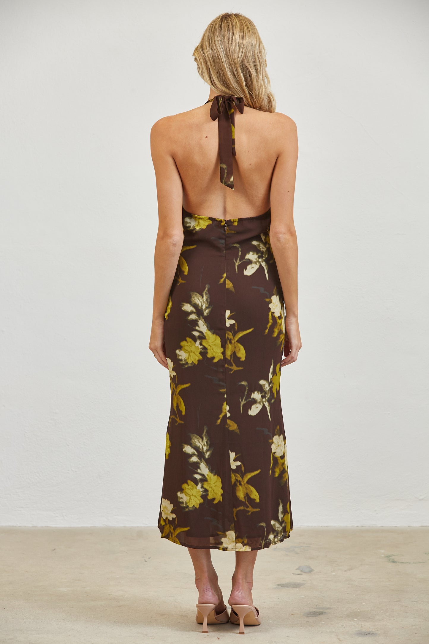 FLORAL COWL NECK HALTER MIDI DRESS