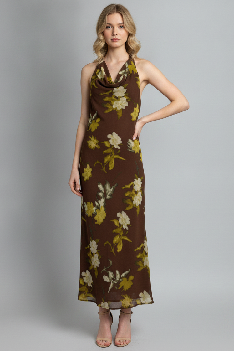 FLORAL COWL NECK HALTER MIDI DRESS