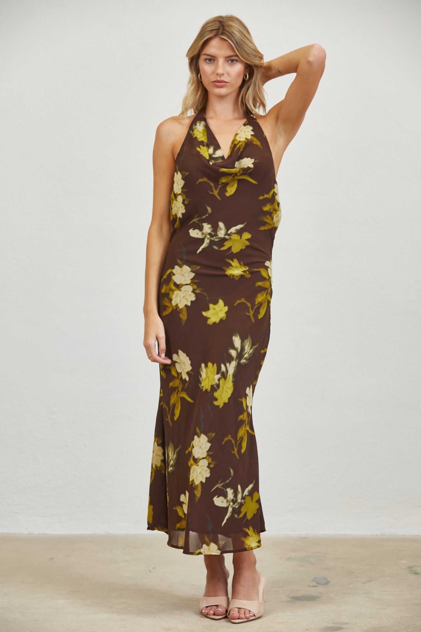 FLORAL COWL NECK HALTER MIDI DRESS