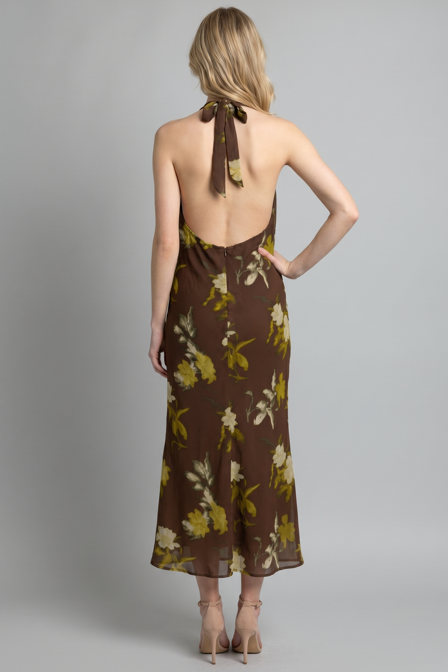 FLORAL COWL NECK HALTER MIDI DRESS