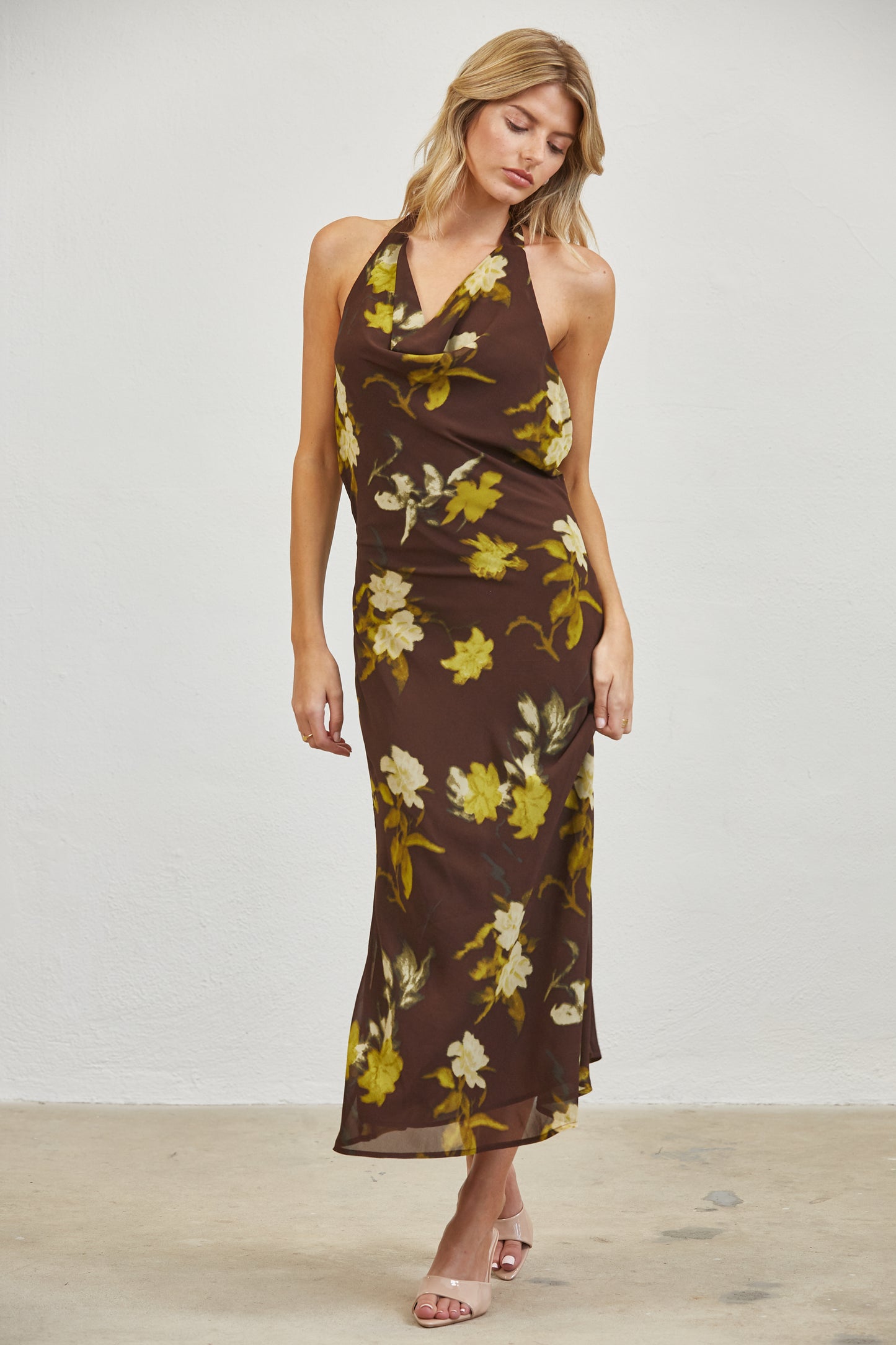 FLORAL COWL NECK HALTER MIDI DRESS