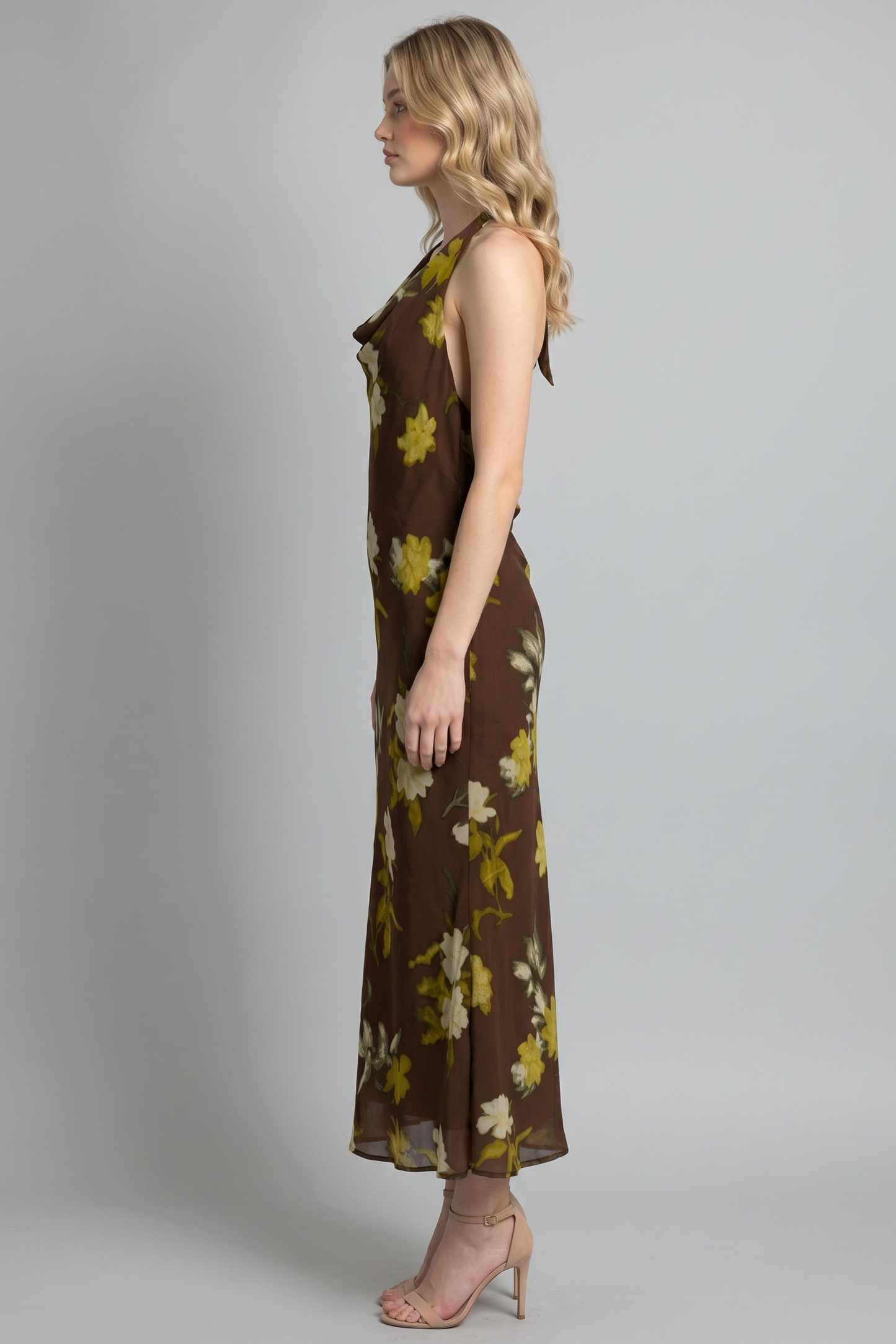 FLORAL COWL NECK HALTER MIDI DRESS
