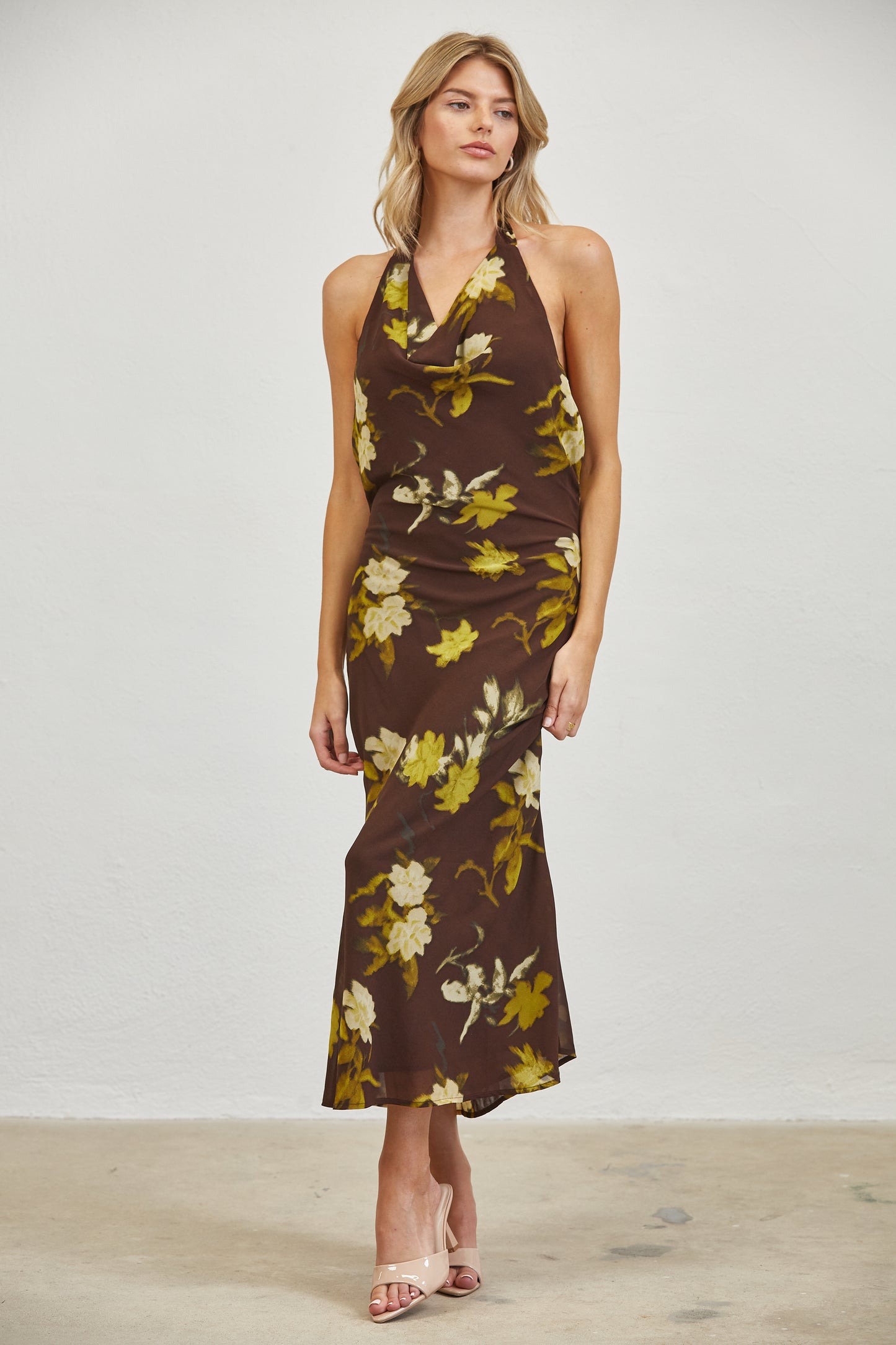 FLORAL COWL NECK HALTER MIDI DRESS