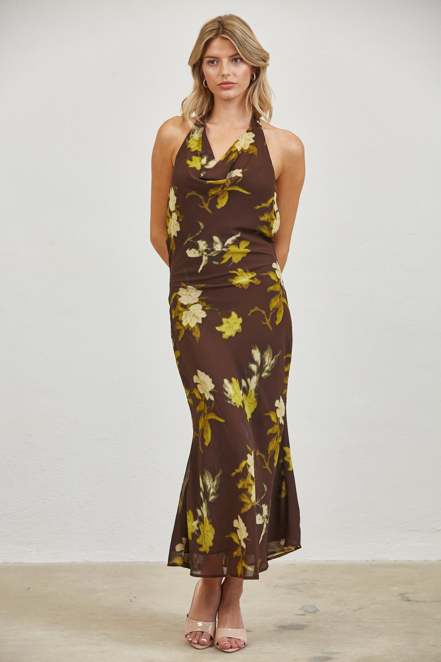 FLORAL COWL NECK HALTER MIDI DRESS