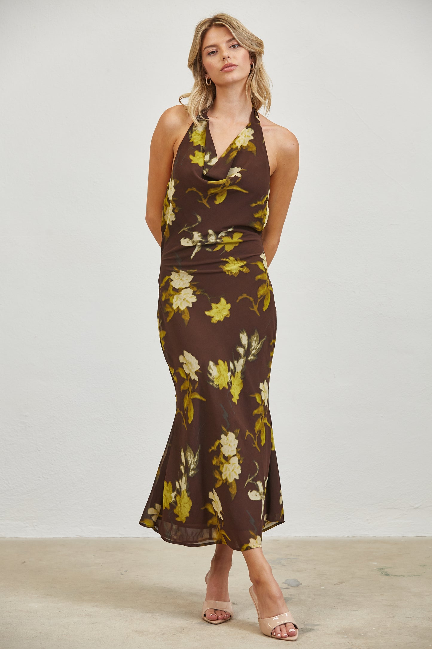 FLORAL COWL NECK HALTER MIDI DRESS