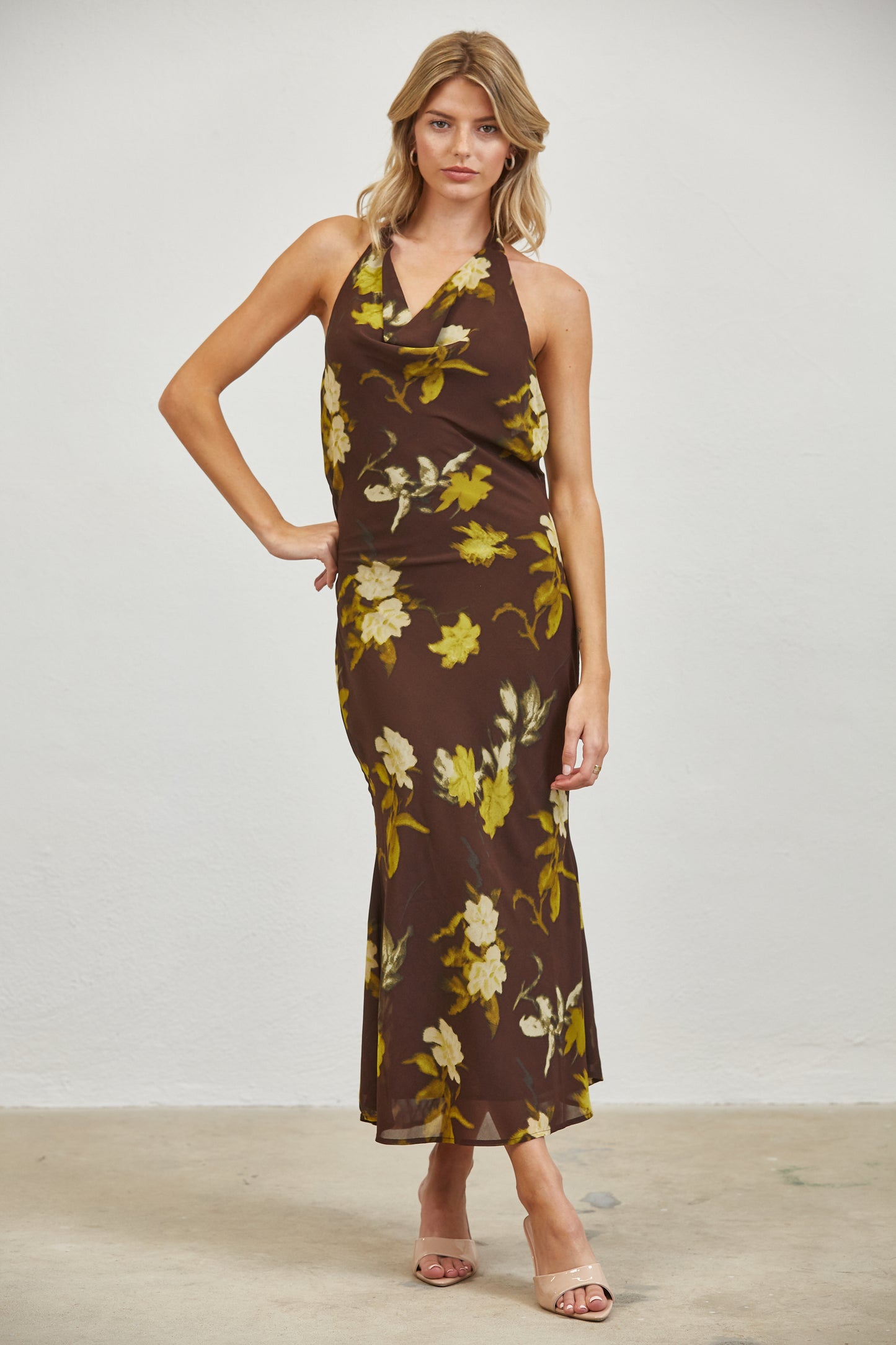 FLORAL COWL NECK HALTER MIDI DRESS