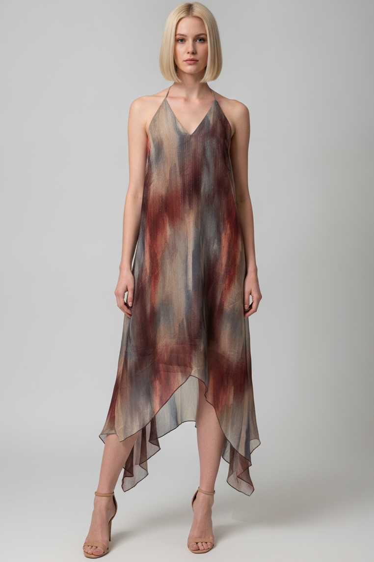 WATERCOLOR PRINT OPEN BACK HALTER MIDI DRESS