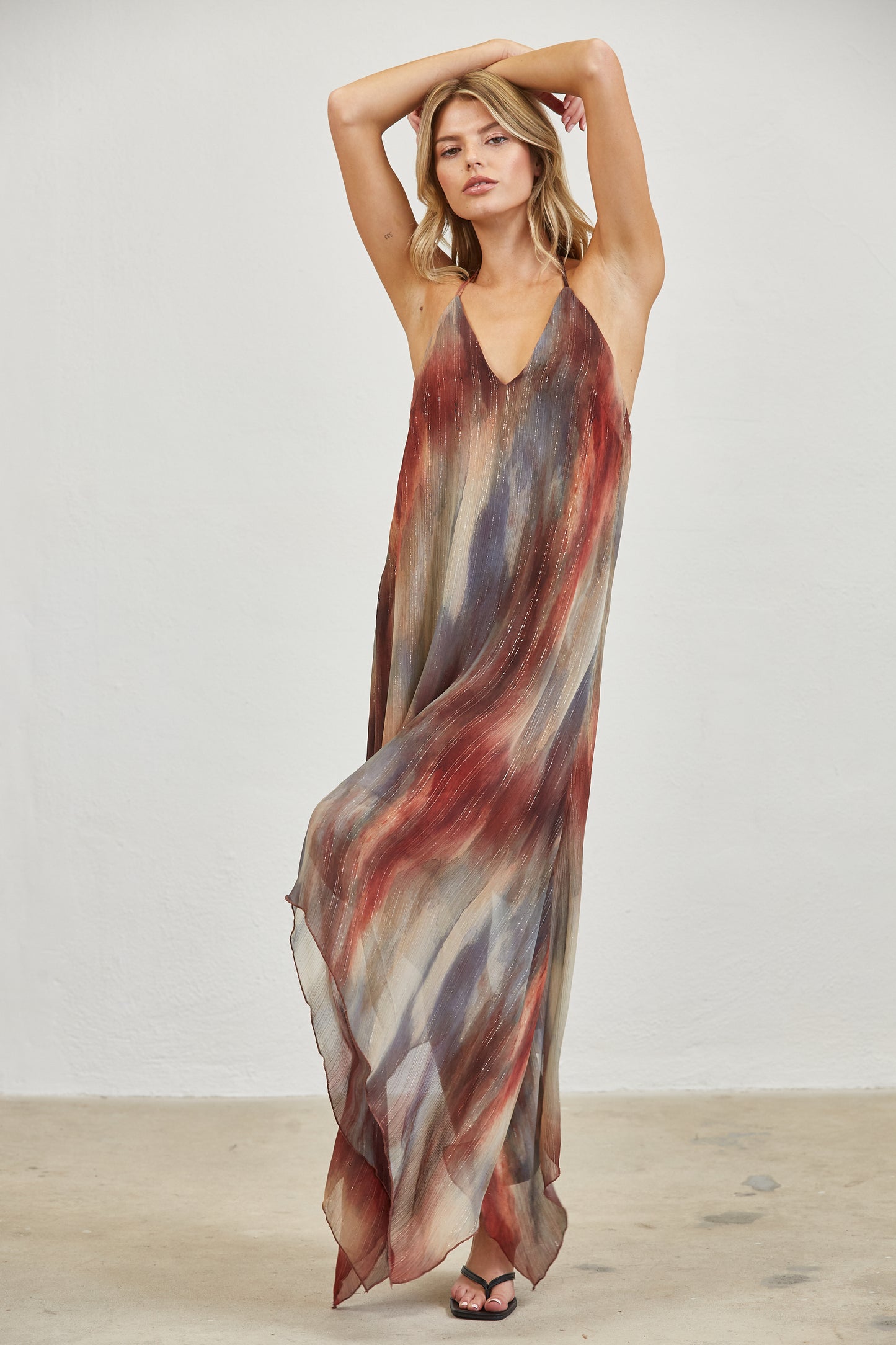 WATERCOLOR PRINT OPEN BACK HALTER MIDI DRESS