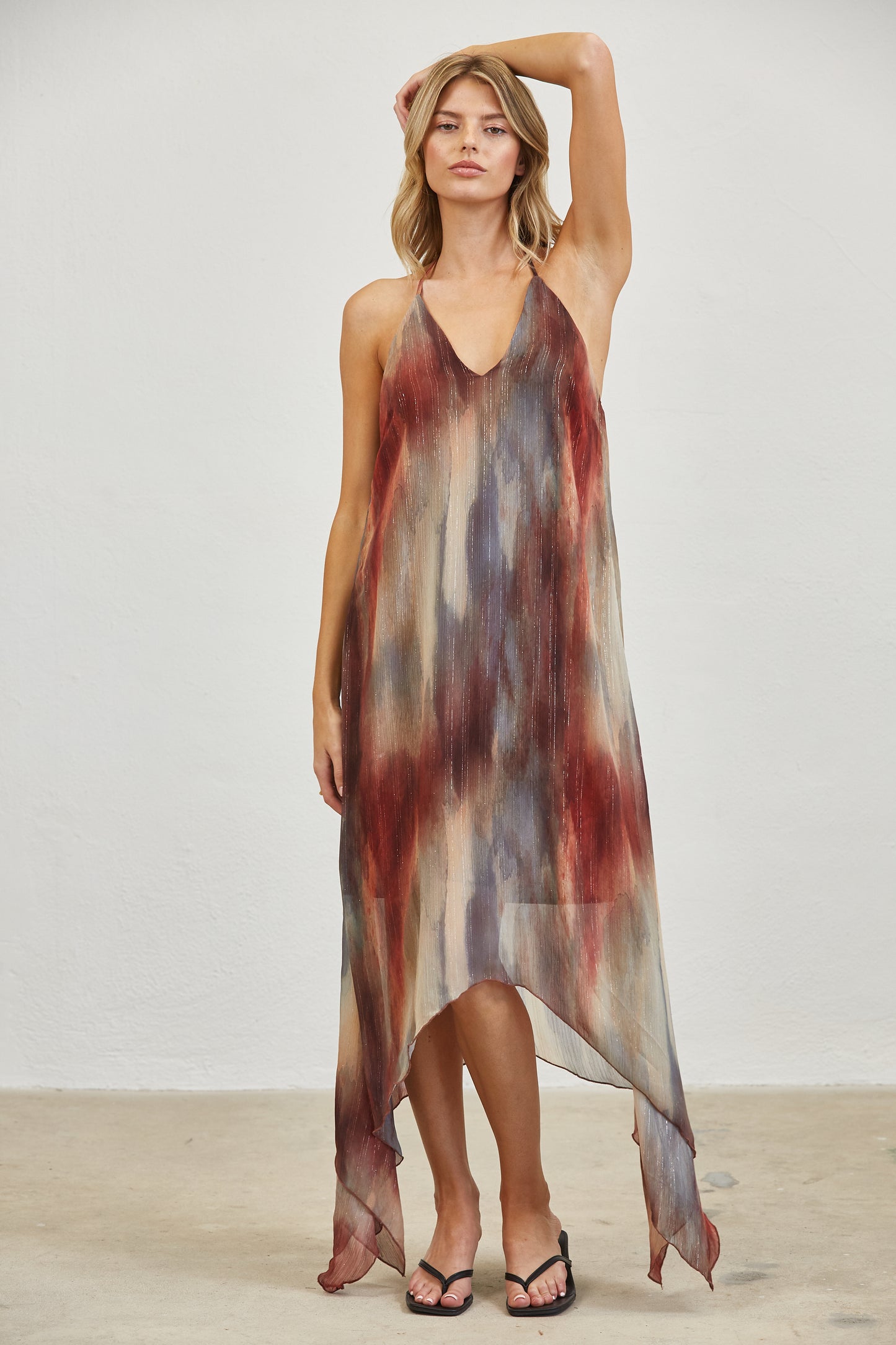 WATERCOLOR PRINT OPEN BACK HALTER MIDI DRESS
