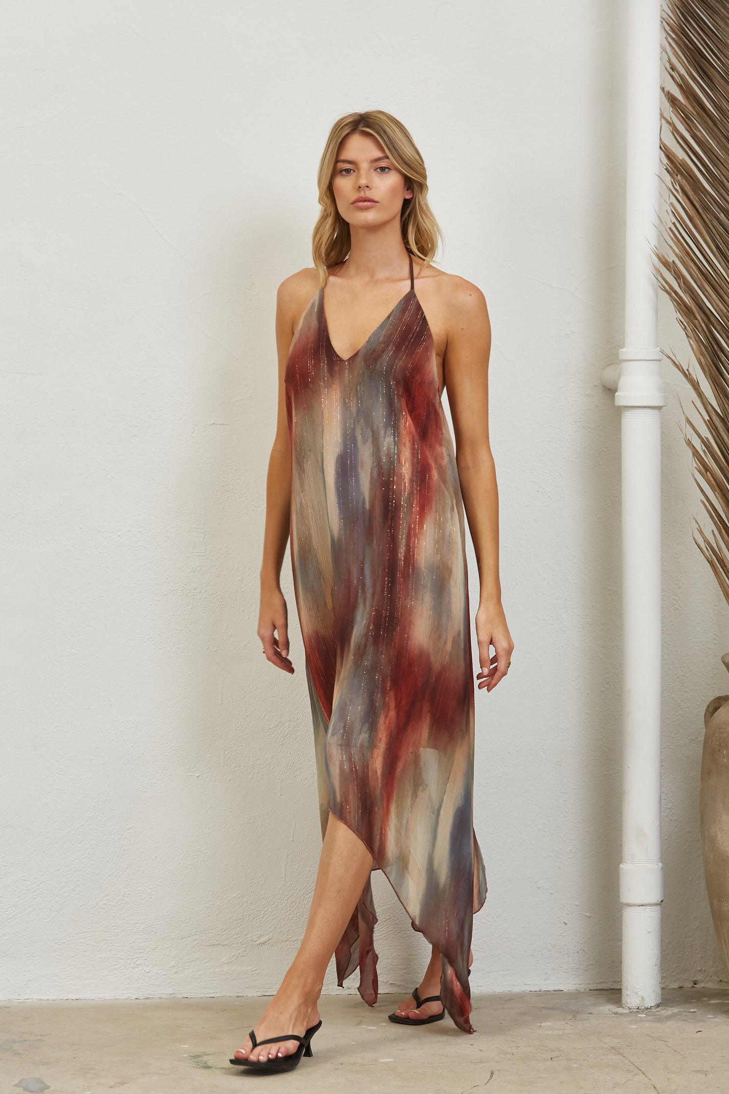 WATERCOLOR PRINT OPEN BACK HALTER MIDI DRESS