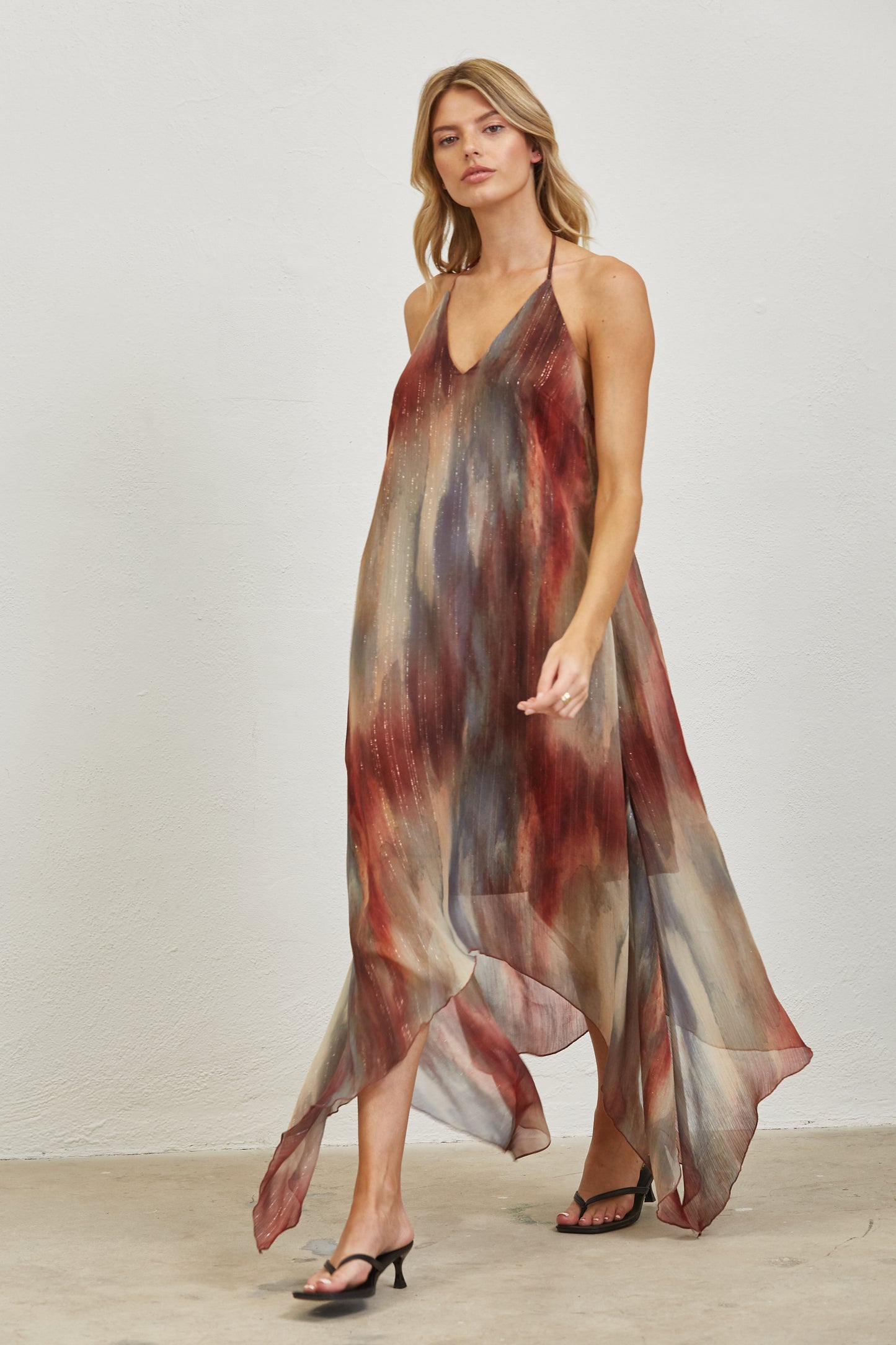 WATERCOLOR PRINT OPEN BACK HALTER MIDI DRESS