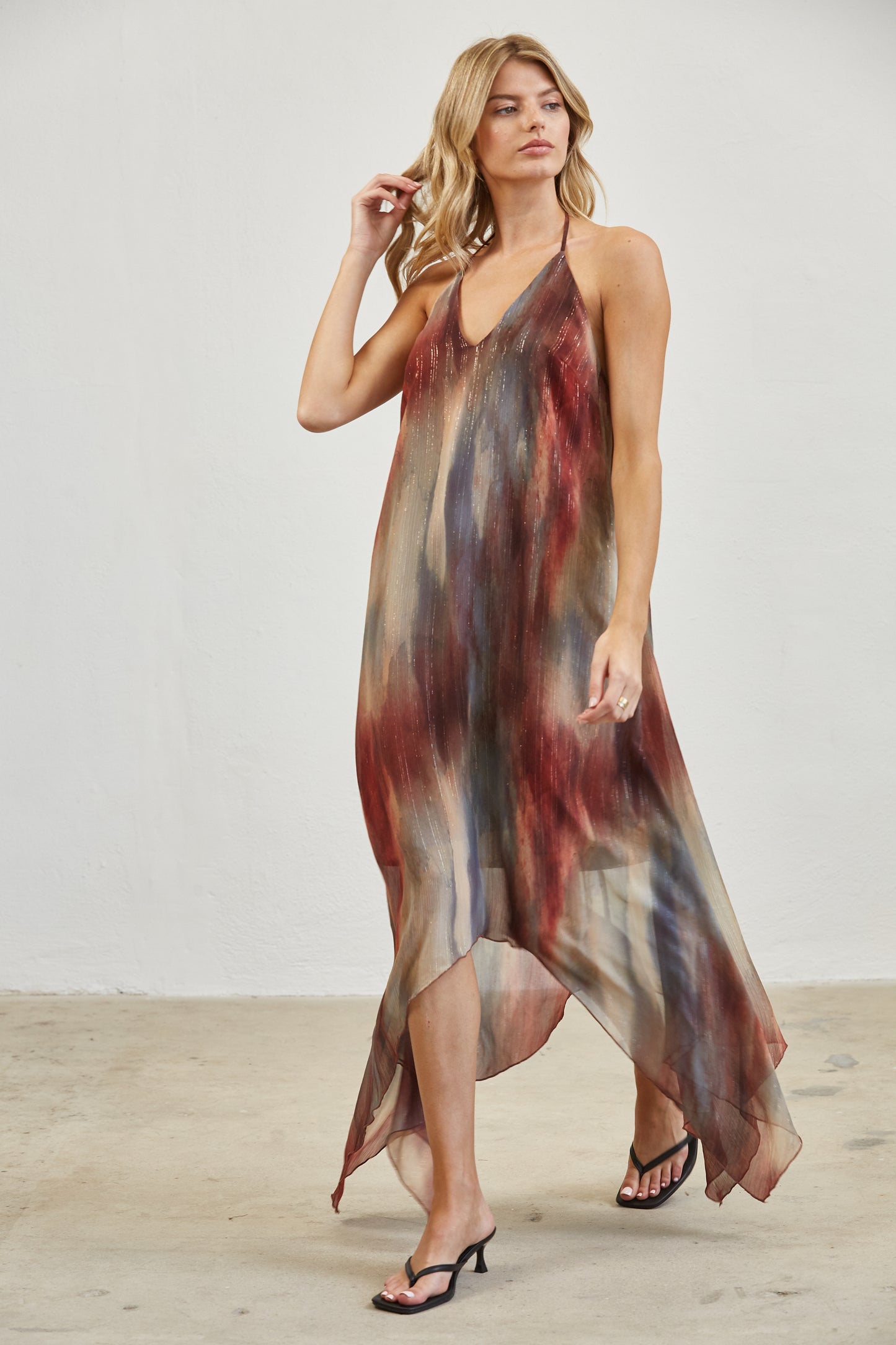WATERCOLOR PRINT OPEN BACK HALTER MIDI DRESS