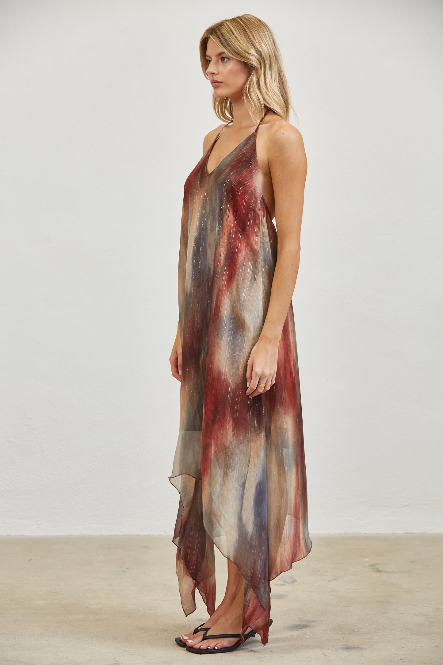 WATERCOLOR PRINT OPEN BACK HALTER MIDI DRESS