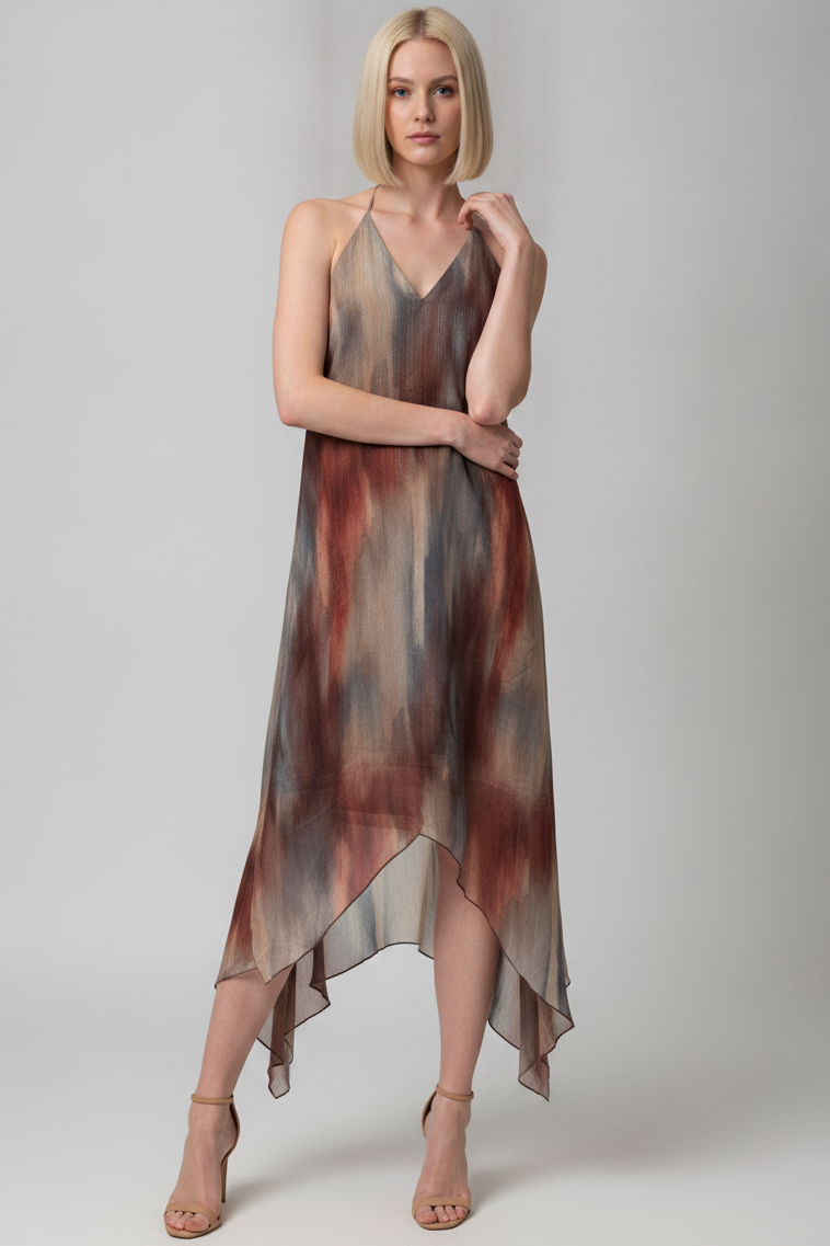 WATERCOLOR PRINT OPEN BACK HALTER MIDI DRESS
