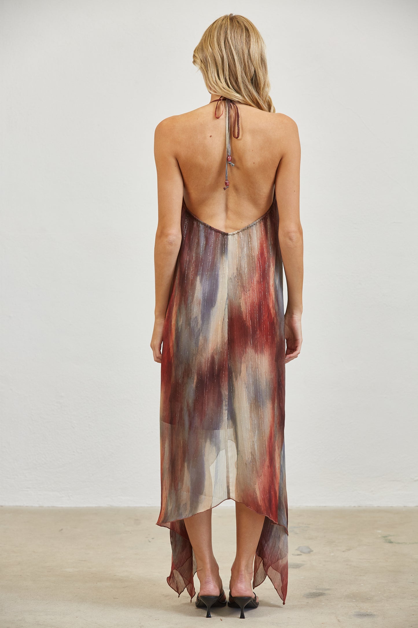 WATERCOLOR PRINT OPEN BACK HALTER MIDI DRESS
