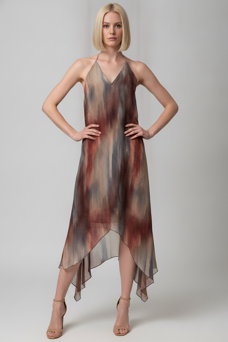 WATERCOLOR PRINT OPEN BACK HALTER MIDI DRESS