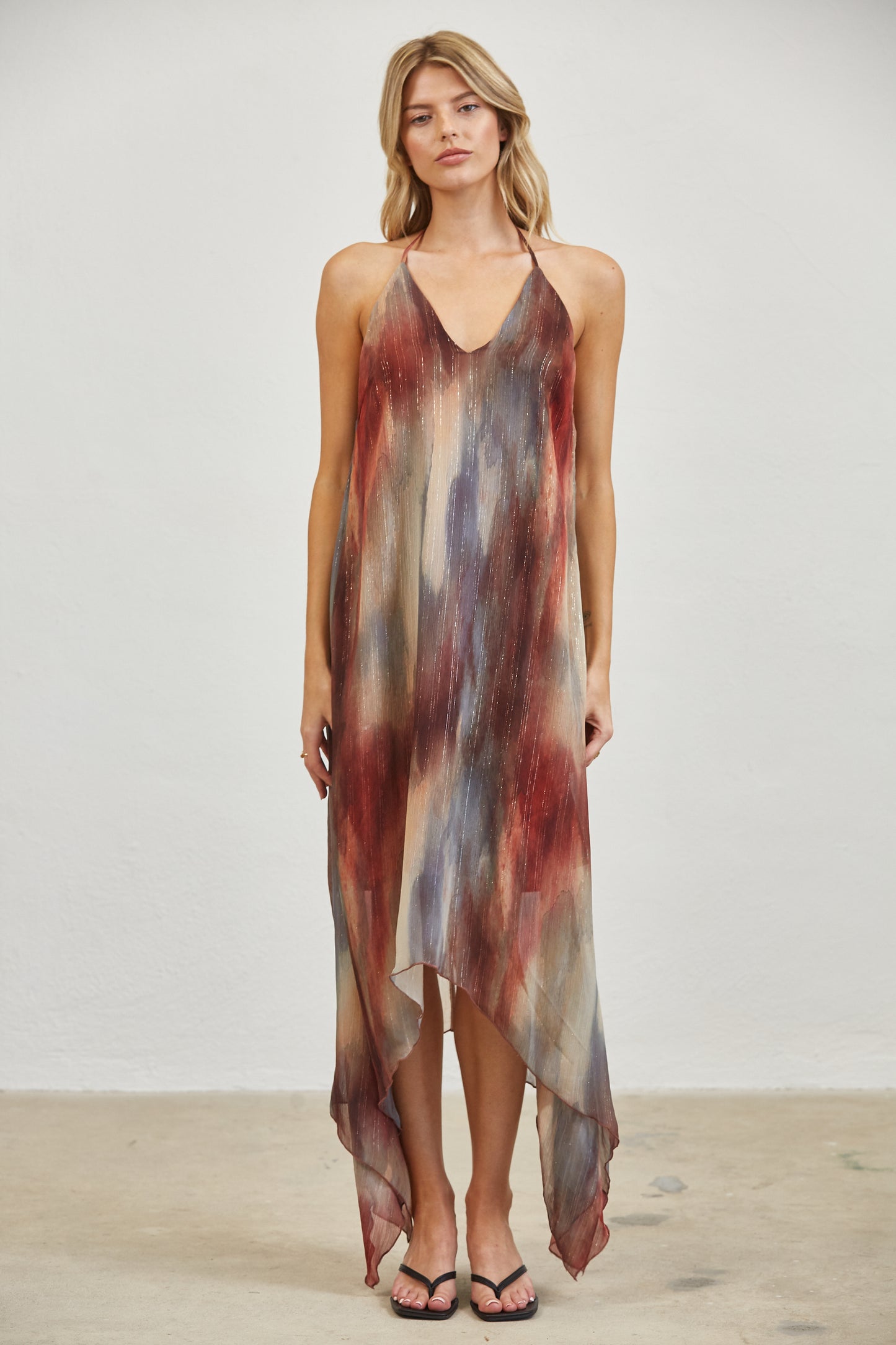 WATERCOLOR PRINT OPEN BACK HALTER MIDI DRESS