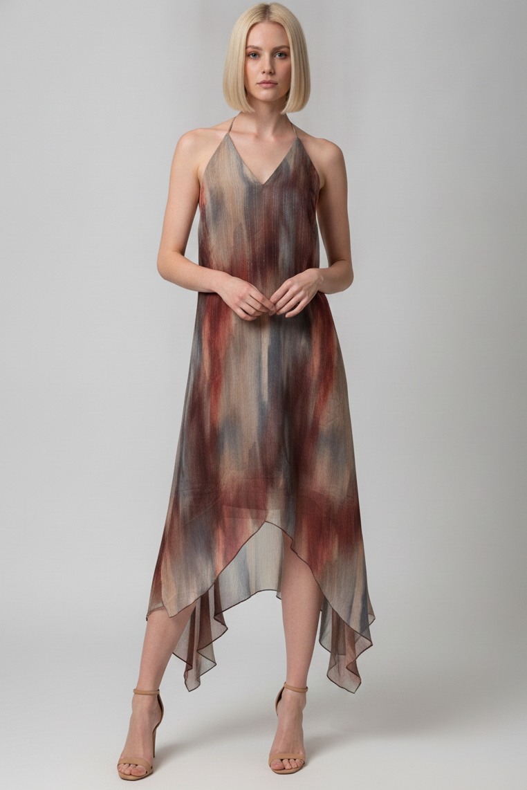 WATERCOLOR PRINT OPEN BACK HALTER MIDI DRESS