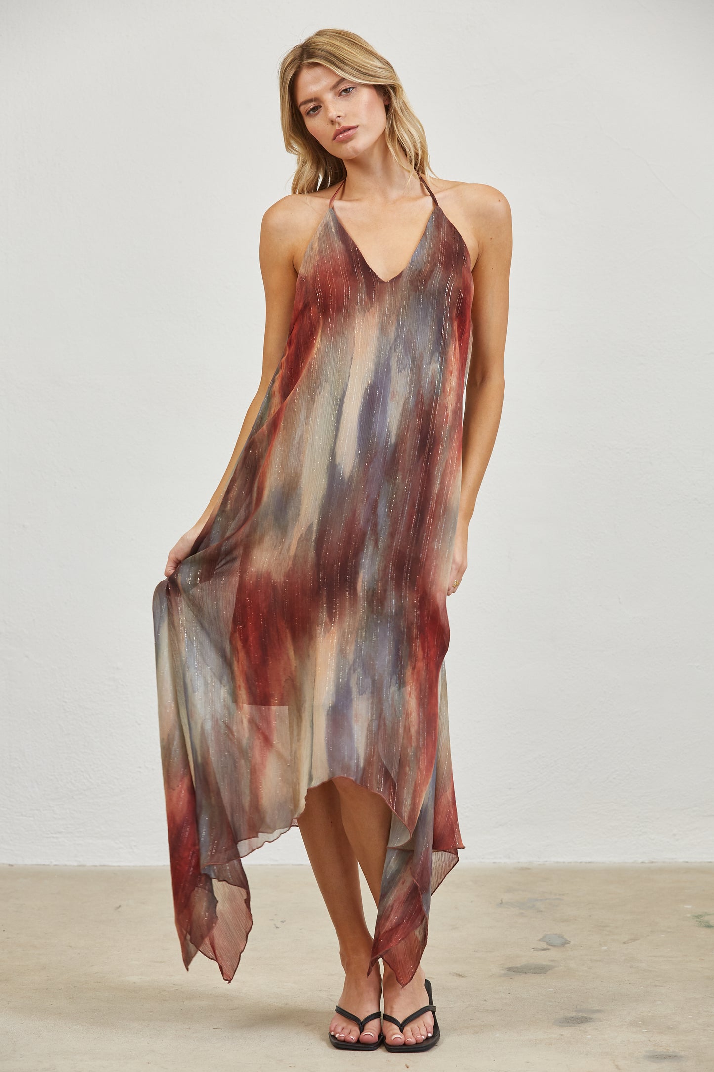 WATERCOLOR PRINT OPEN BACK HALTER MIDI DRESS