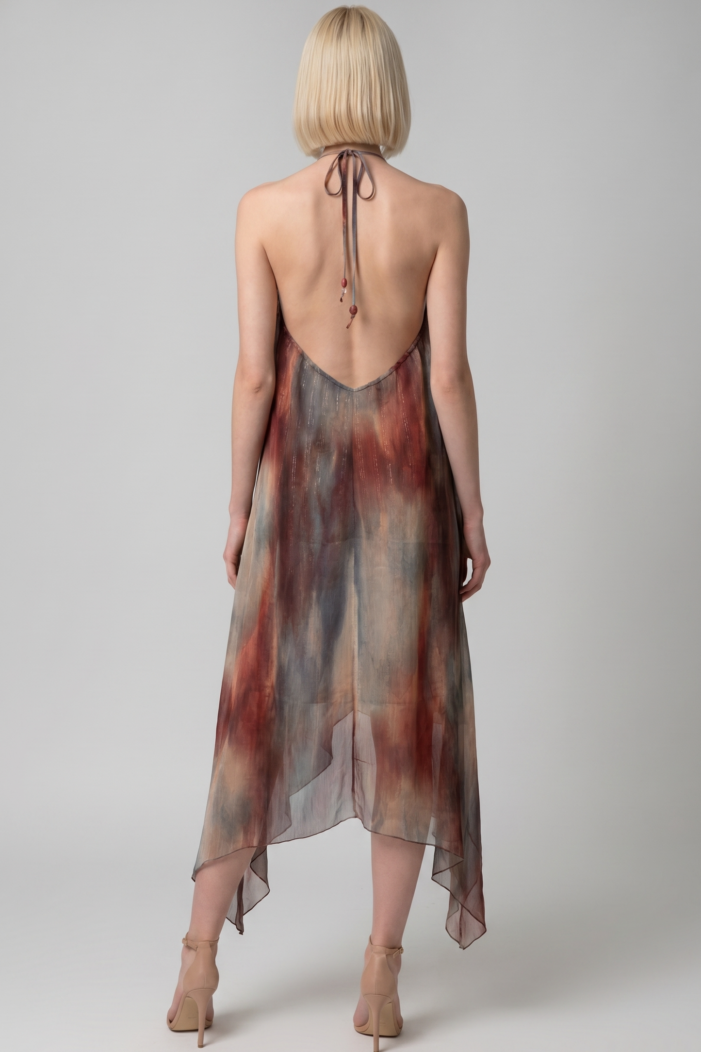 WATERCOLOR PRINT OPEN BACK HALTER MIDI DRESS