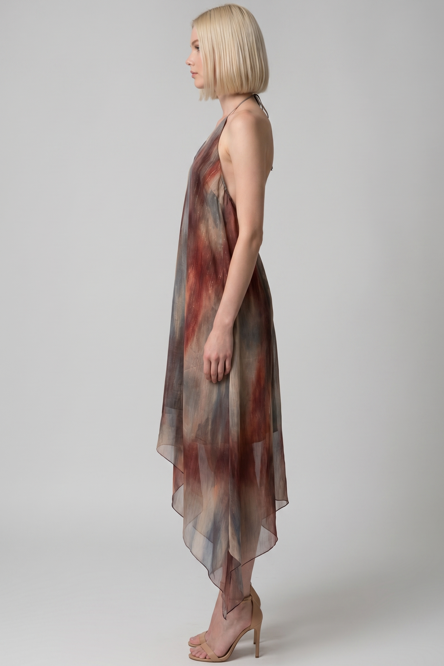 WATERCOLOR PRINT OPEN BACK HALTER MIDI DRESS