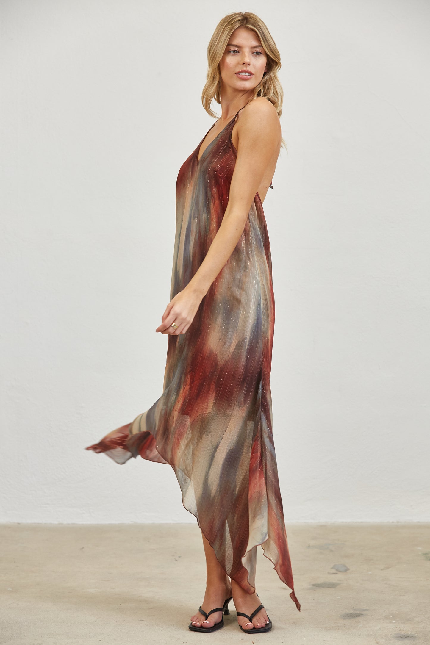 WATERCOLOR PRINT OPEN BACK HALTER MIDI DRESS