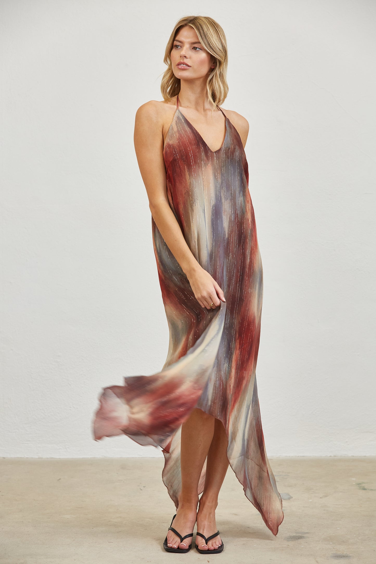 WATERCOLOR PRINT OPEN BACK HALTER MIDI DRESS