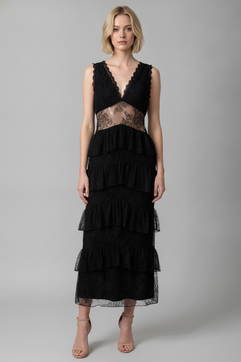 MIDNIGHT ROMANCE LACE TIERED MIDI DRESS