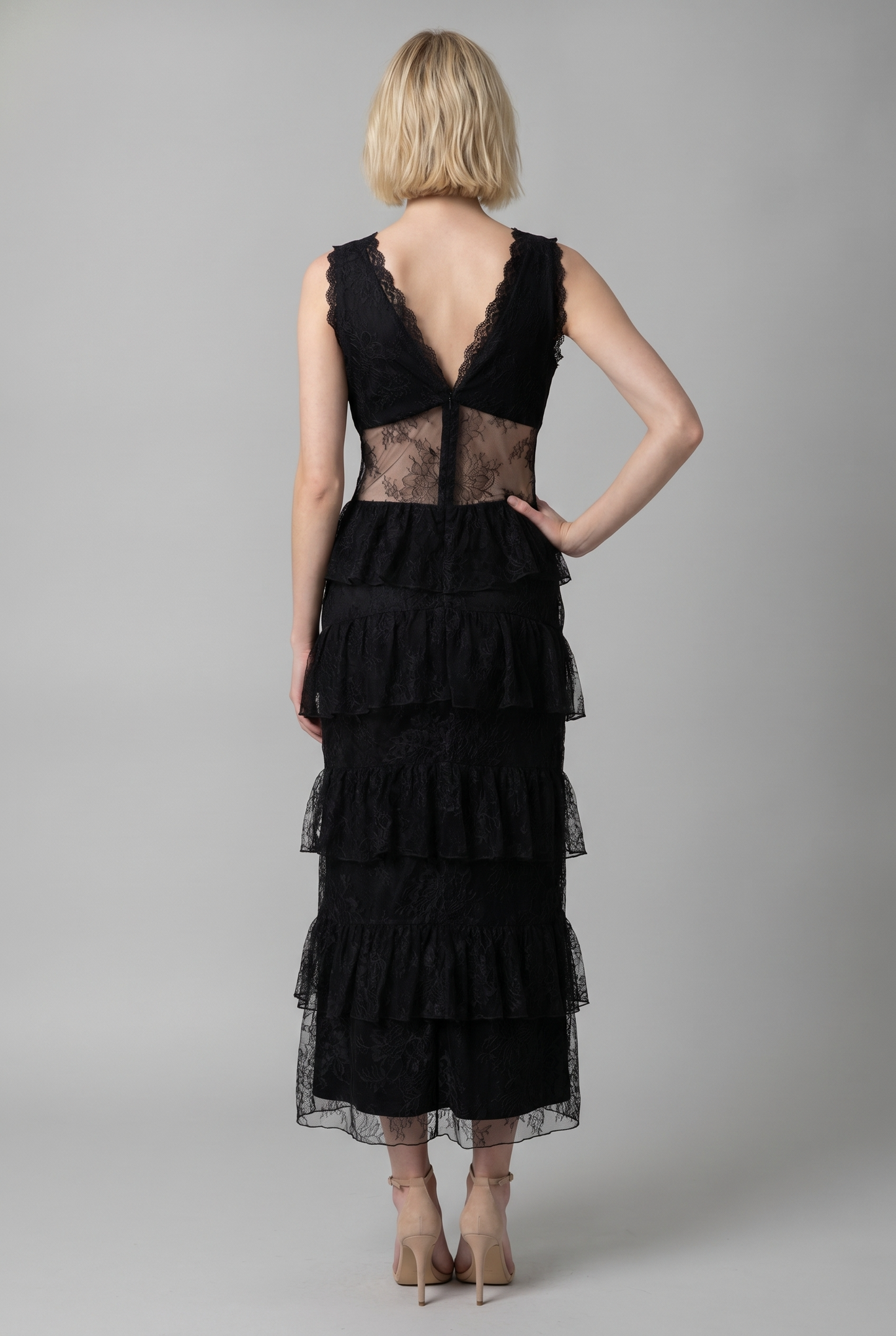 MIDNIGHT ROMANCE LACE TIERED MIDI DRESS